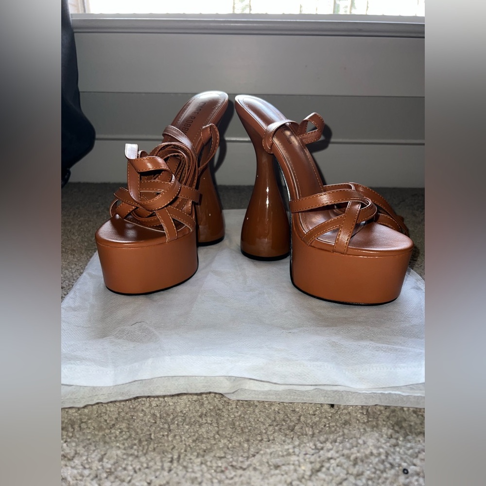 Elaine Sculpted & Strappy: Almond Brown Platform Chunky Heel Sandals
